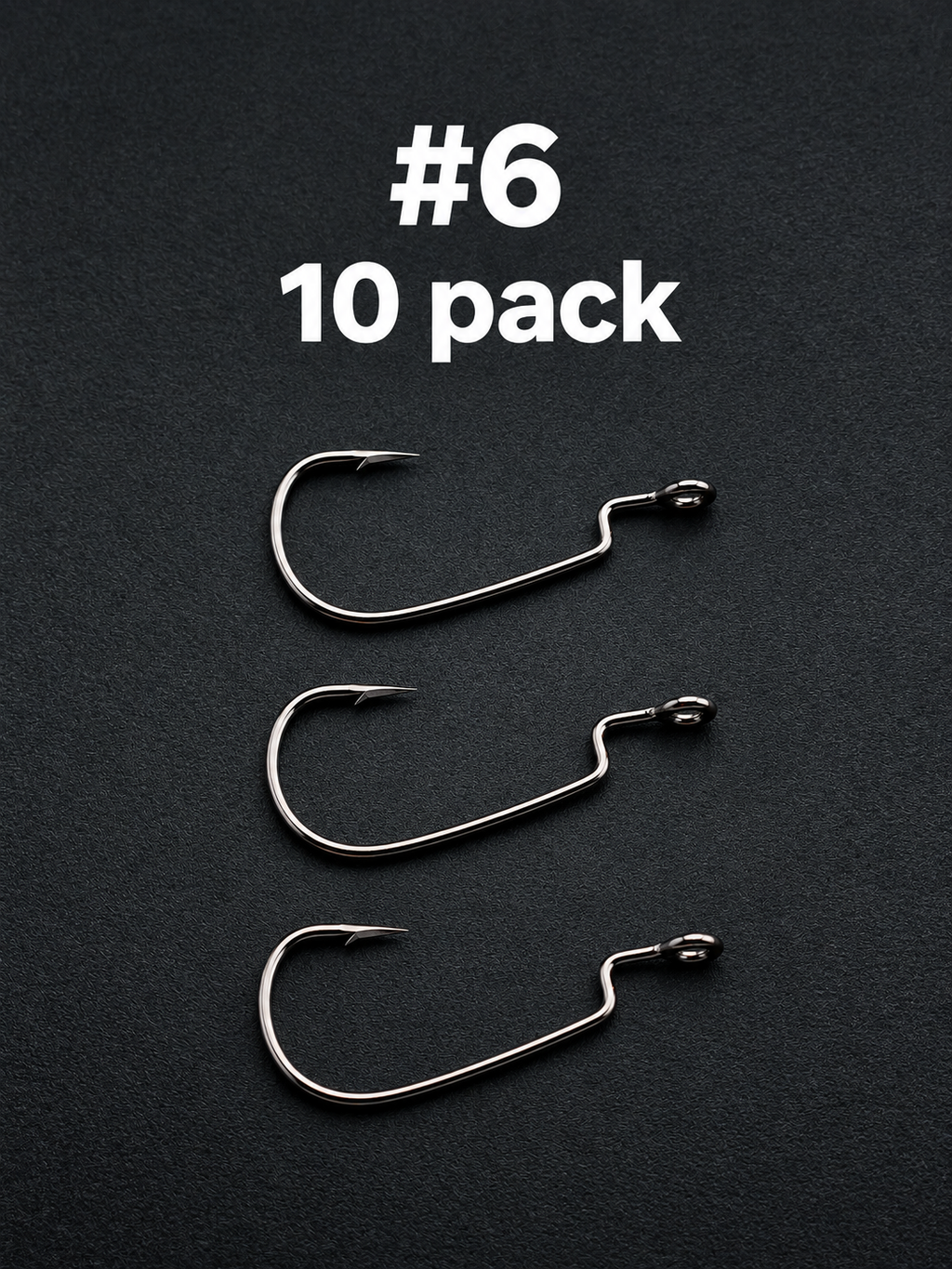 EWG offset fishing hooks on a black background, labelled size #6, #8, #10 - 10 pack