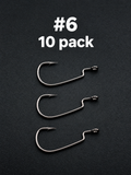 EWG offset fishing hooks on a black background, labelled size #6, #8, #10 - 10 pack