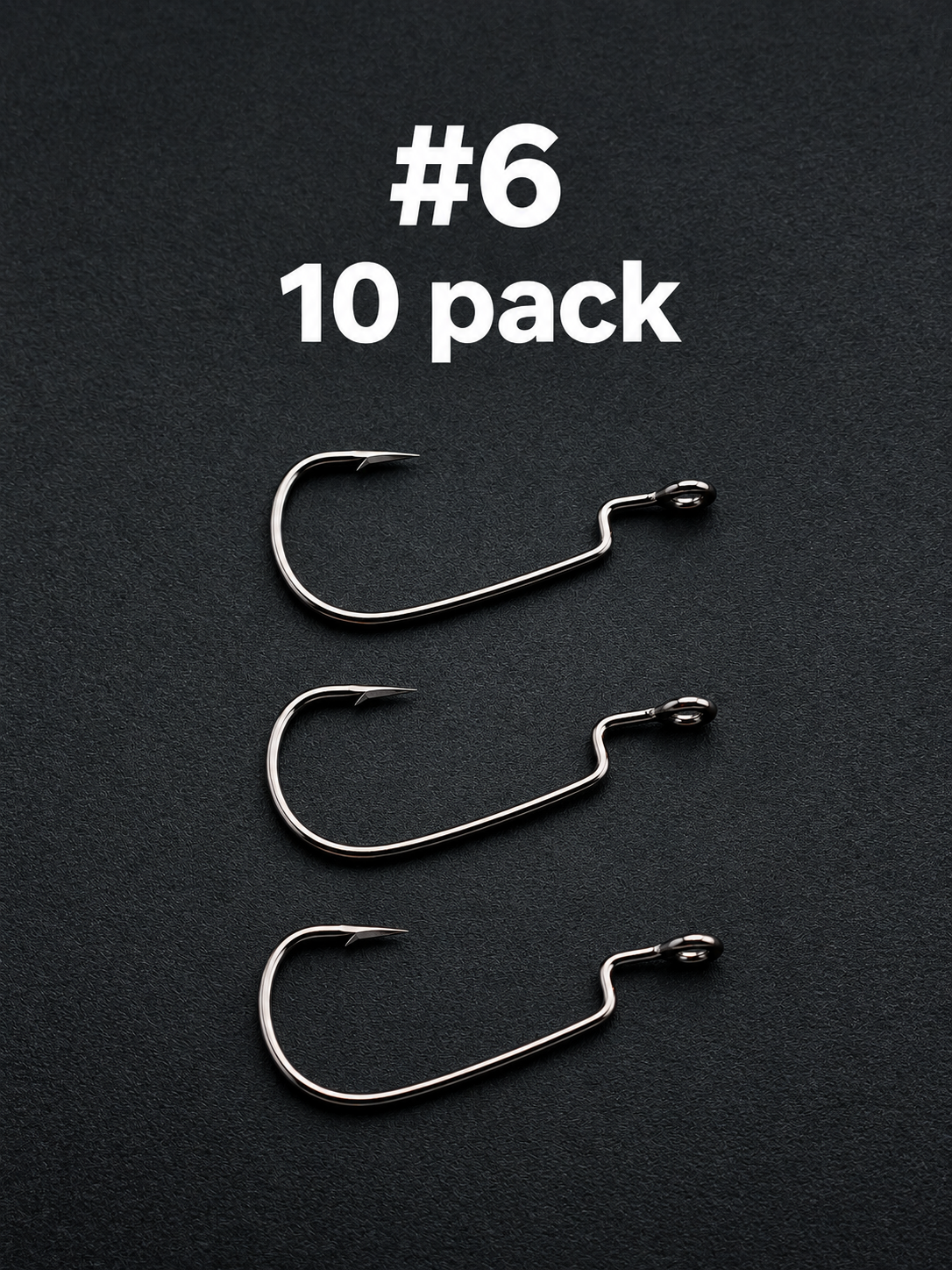EWG offset fishing hooks on a black background, labelled size #6, #8, #10 - 10 pack